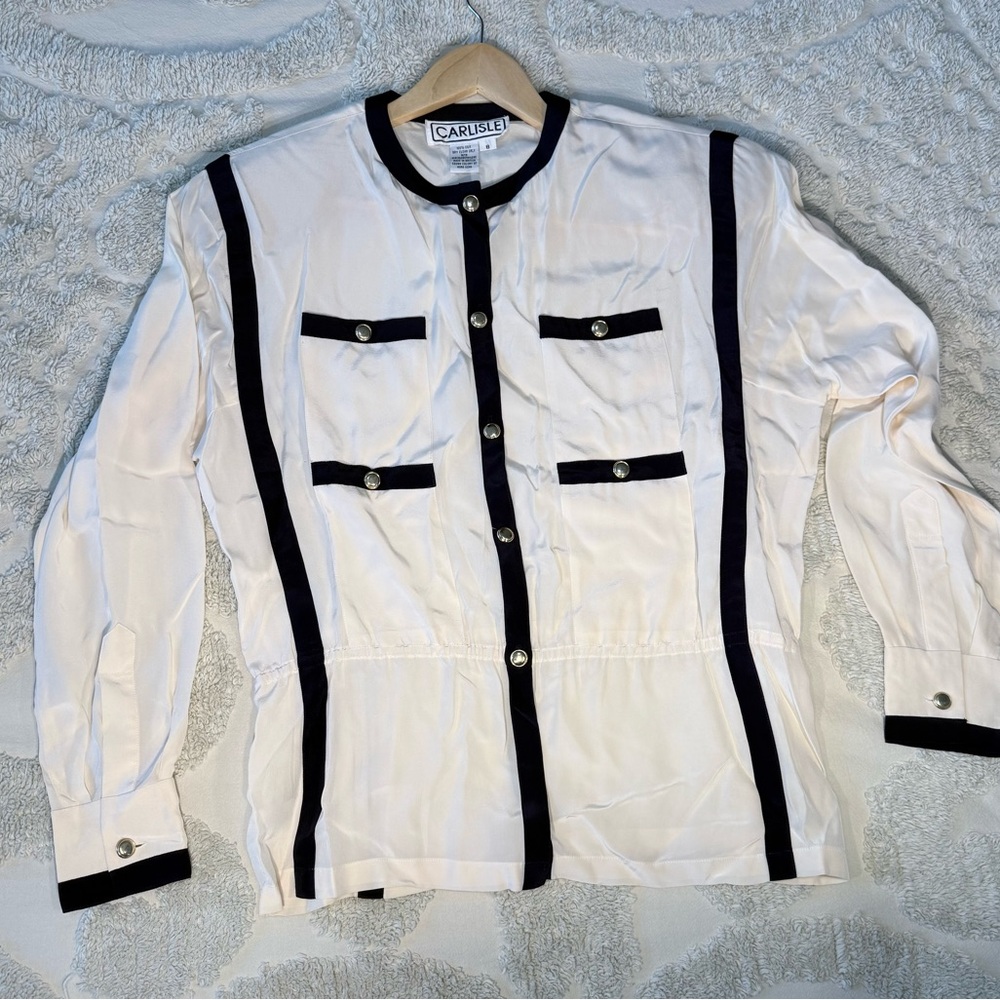 Carlisle Navy and Cream 100% Silk Blouse